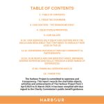 Table of Contents from the Harbour Project Annual Report 2023-2024, listing key sections such as Chairman’s Report, Objectives, Services, and Financial Overview.