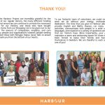 The Harbour Project expresses gratitude to donors, funding bodies, and volunteers for their support, featuring two images of diverse groups of people engaged in community activities.