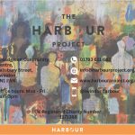 The Harbour Project contact details over a vibrant artistic background, including address, email, phone number, and website.
