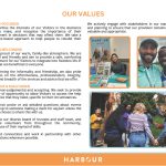 Harbour Project’s core values, including being visitor-focused, warm & welcoming, and inclusive & egalitarian.
